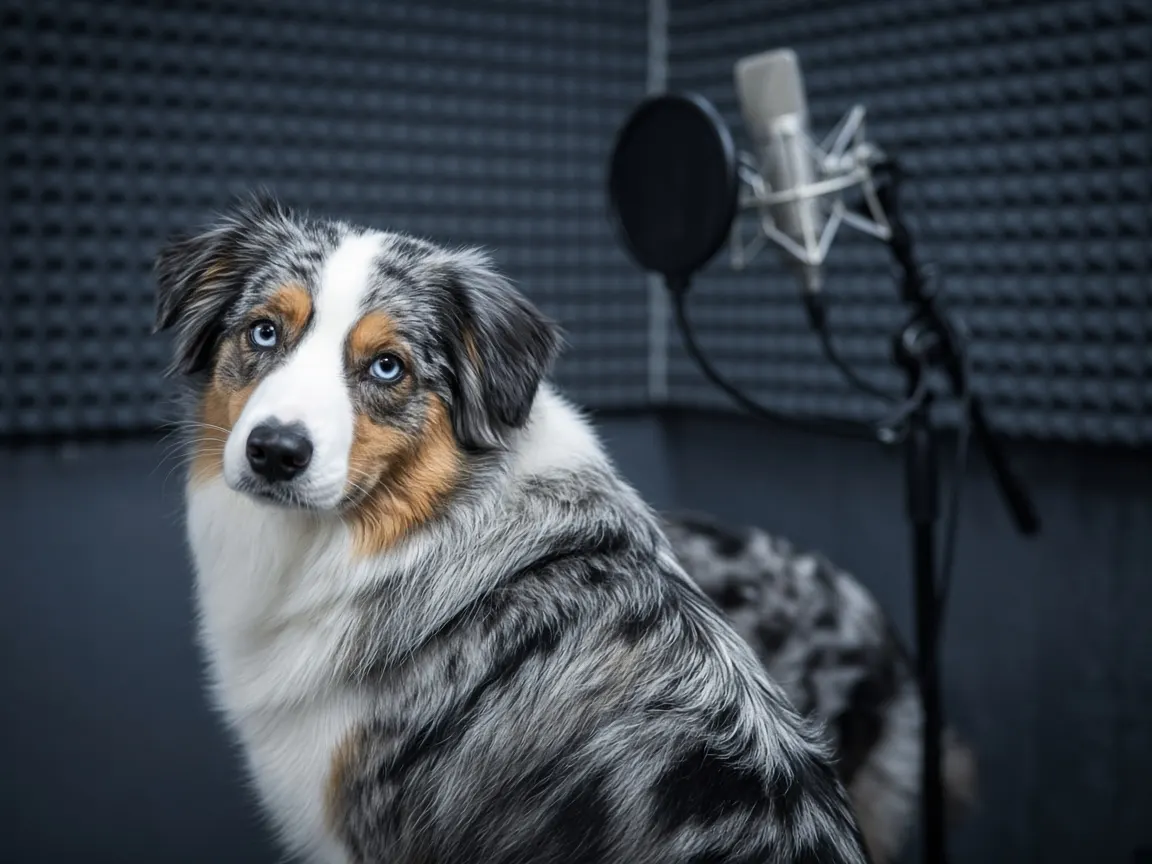 Adult Australian Shepherd looking over its shoulder in a recording studio