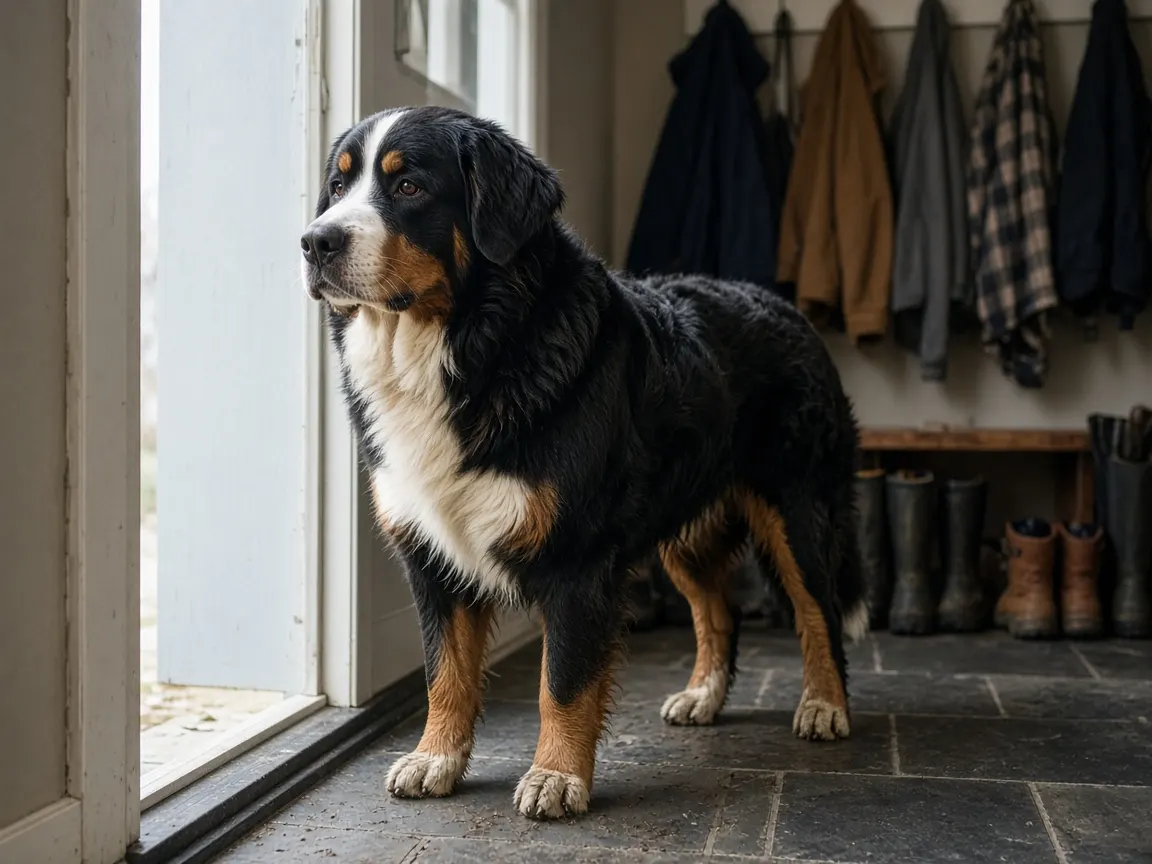 Adult Bernese Mountain Dog standing in a mudroom doorway