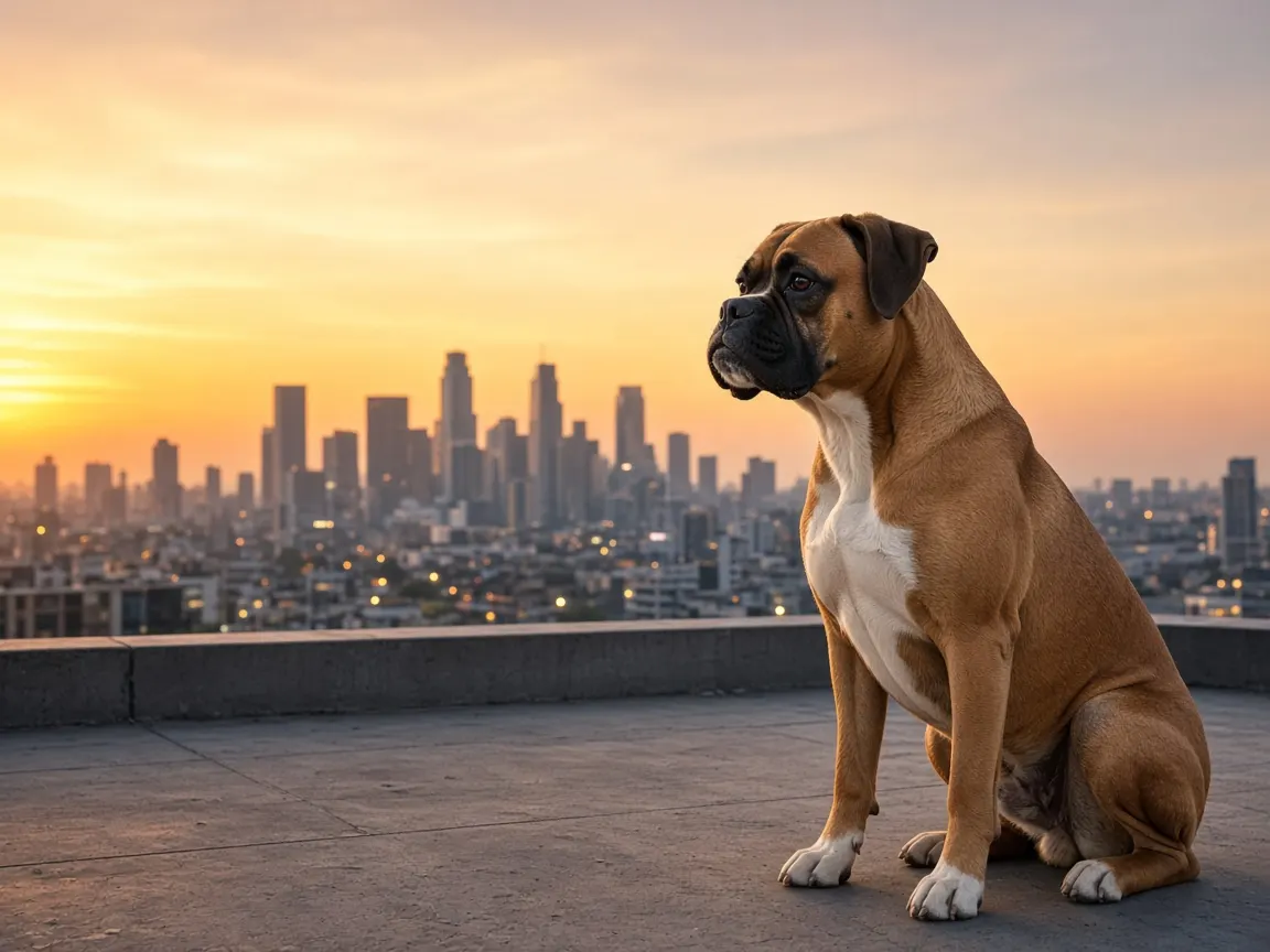 Adult fawn Boxer sitting on a rooftop terrace at sunset