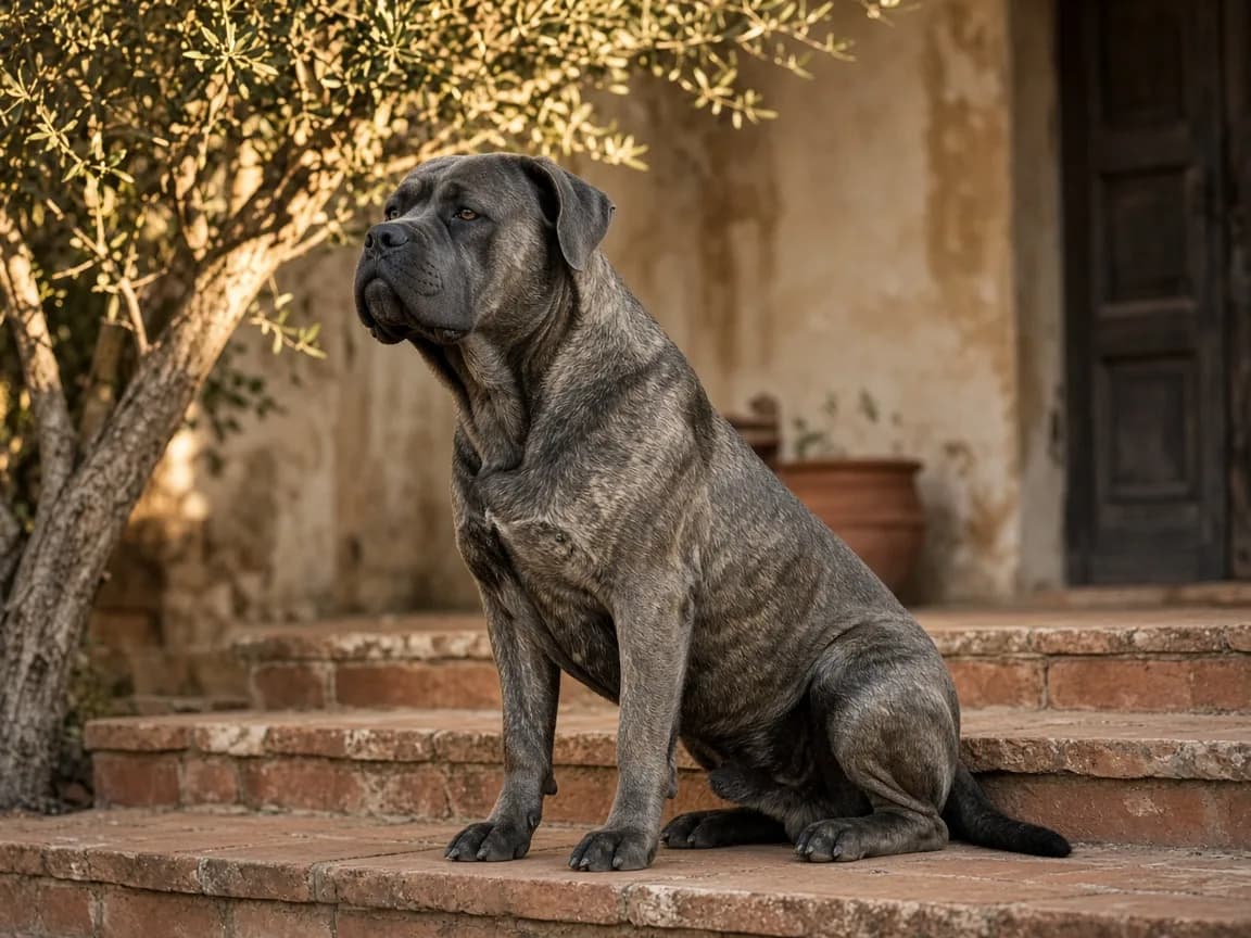 Adult gray-brindle Cane Corso sitting on terracotta villa steps