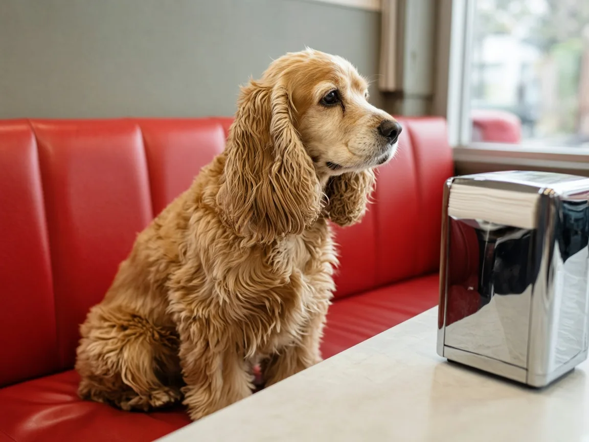 Adult buff Cocker Spaniel sitting in a red vinyl diner booth