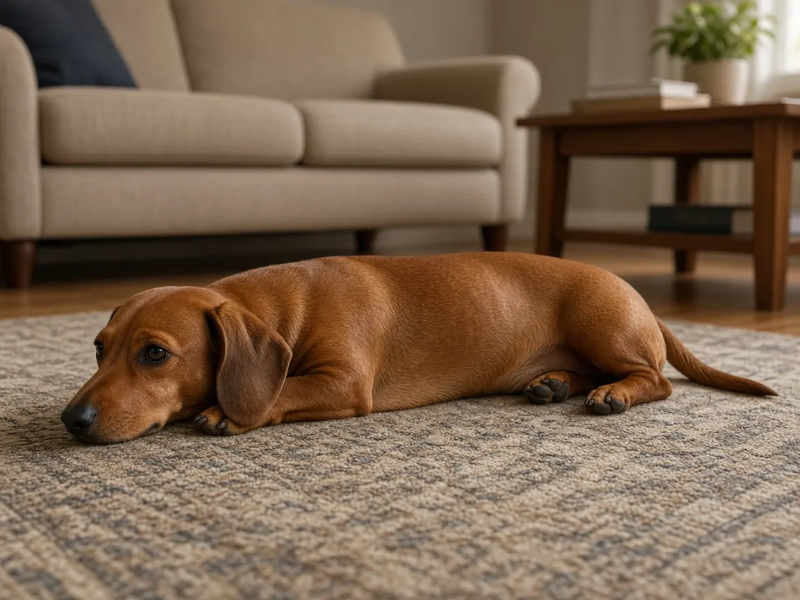 Adult red Dachshund stretched out on a living-room rug