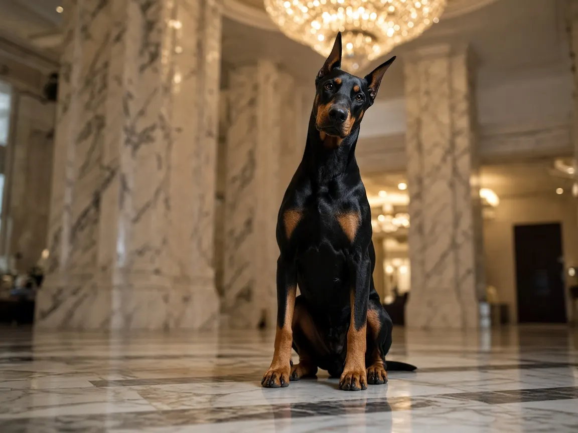 Adult Doberman Pinscher sitting in a marble lobby