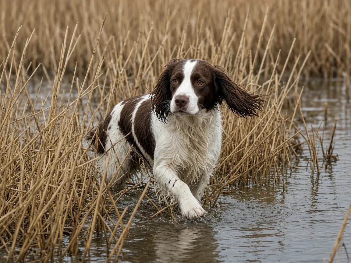 Adult liver-and-white English Springer Spaniel moving through marsh reeds