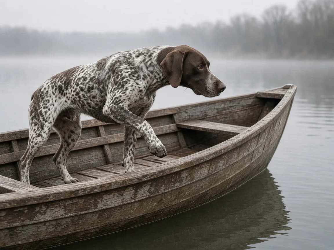 Adult liver-roan German Shorthaired Pointer on point in a wooden rowboat
