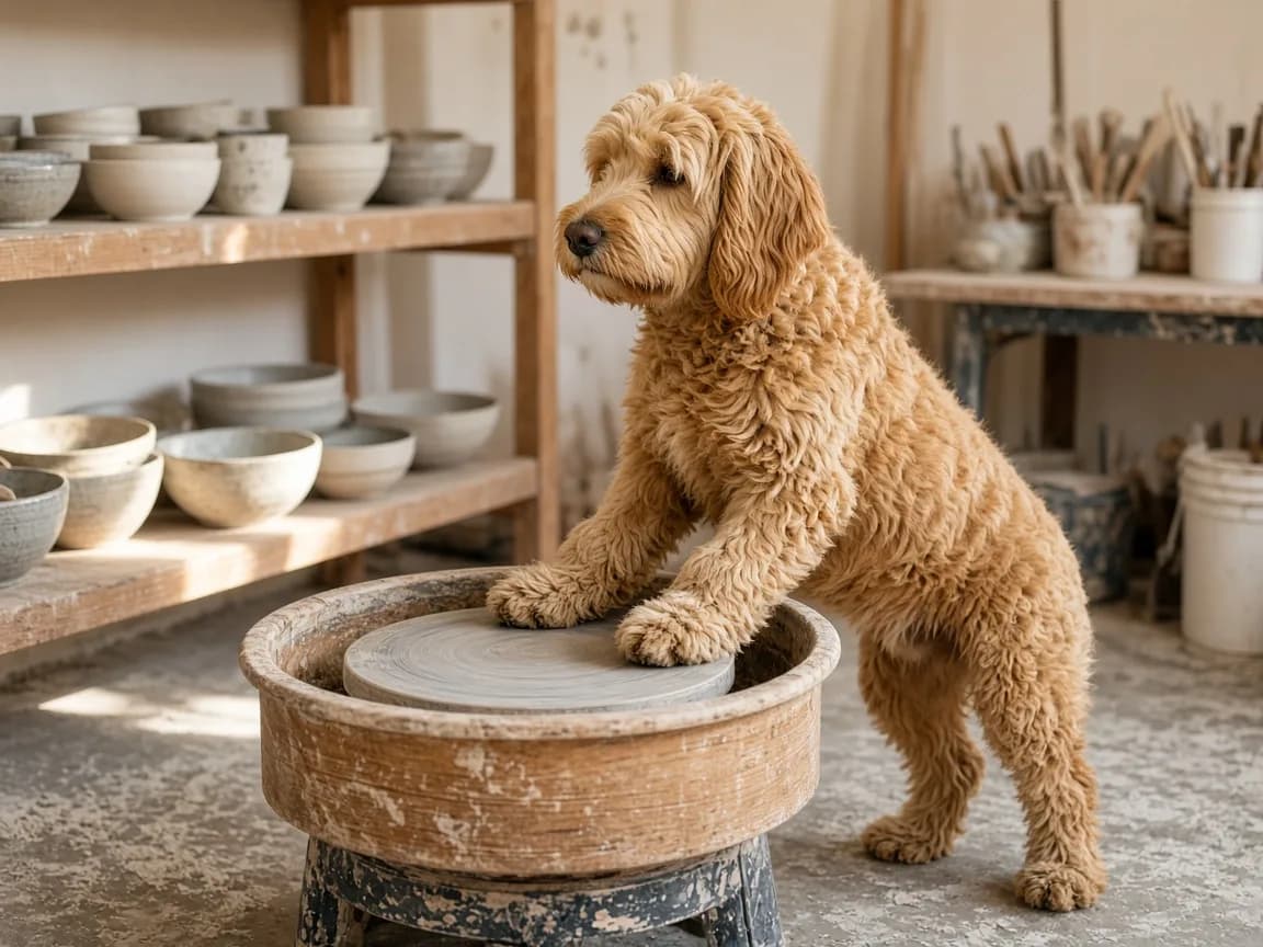Adult apricot Goldendoodle standing at a pottery wheel in a ceramics studio