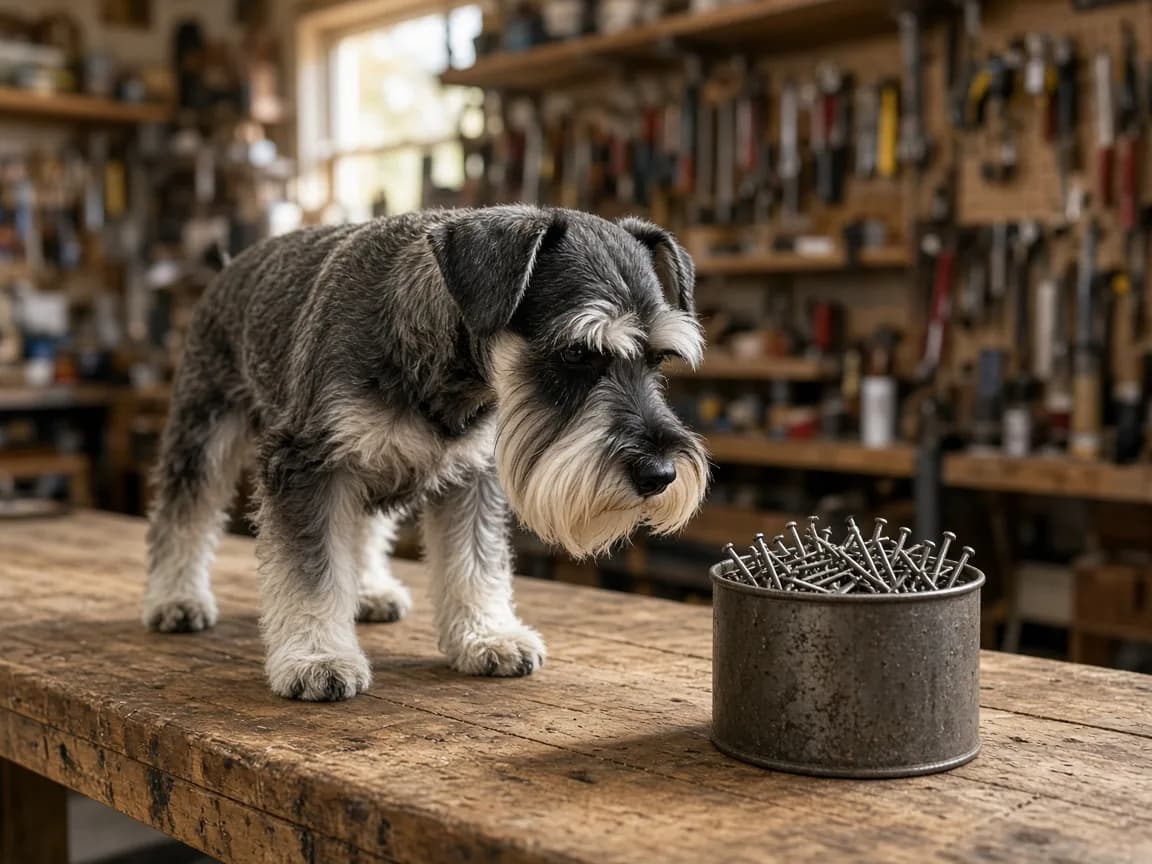 Adult salt-and-pepper Miniature Schnauzer standing on a hardware-store workbench