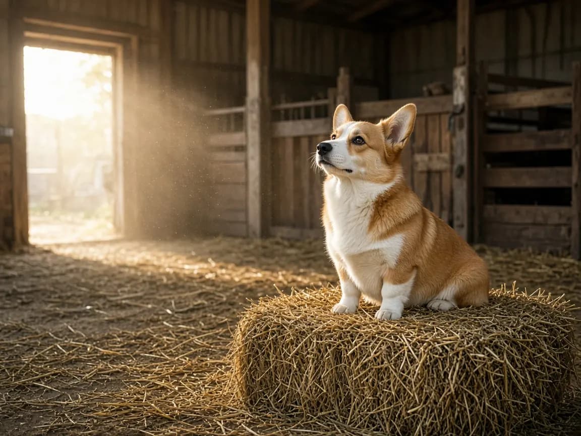 Adult Pembroke Welsh Corgi sitting on a hay bale in a barn
