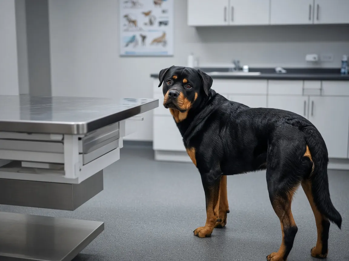 Adult Rottweiler looking back in a veterinary exam room
