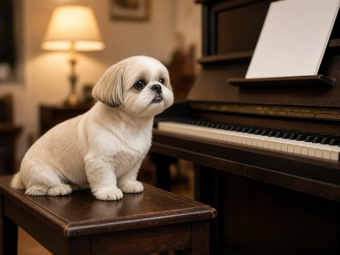 Adult cream Shih Tzu sitting on a piano bench beside sheet music