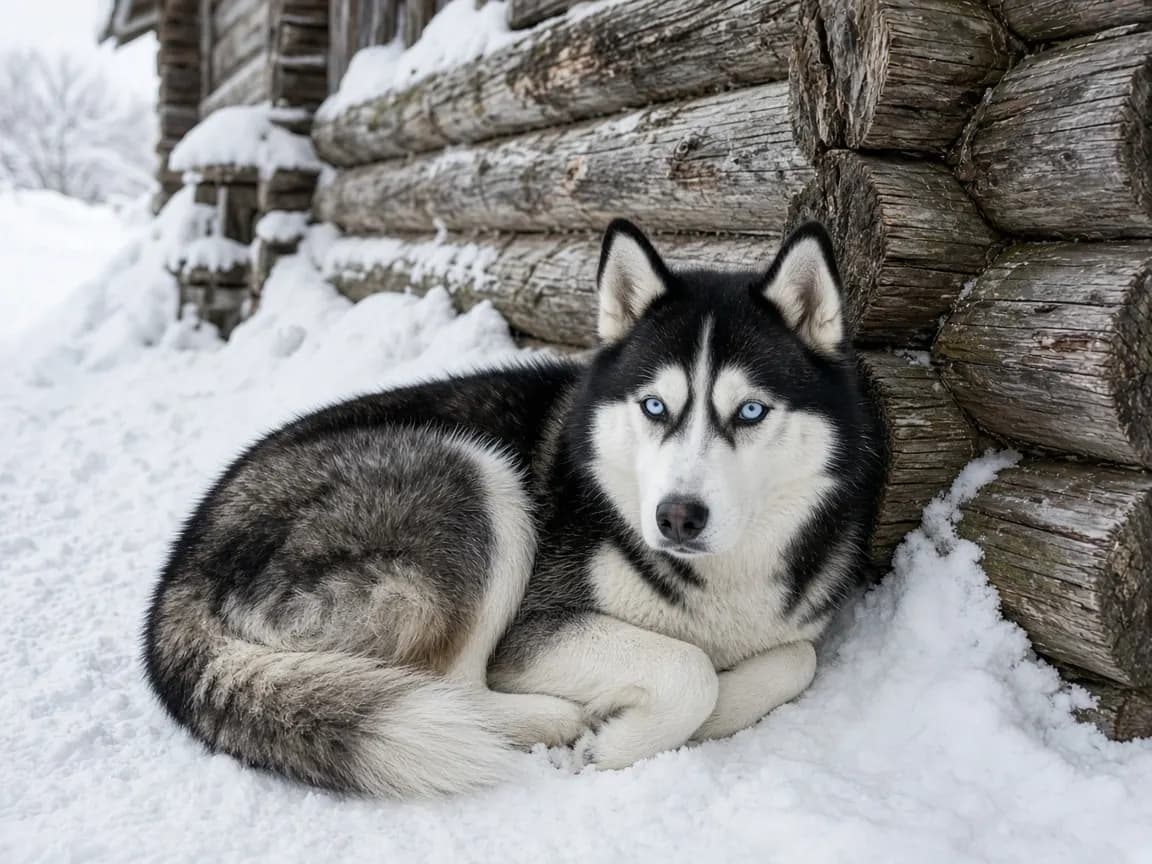 Adult Siberian Husky lying in snow beside a cabin
