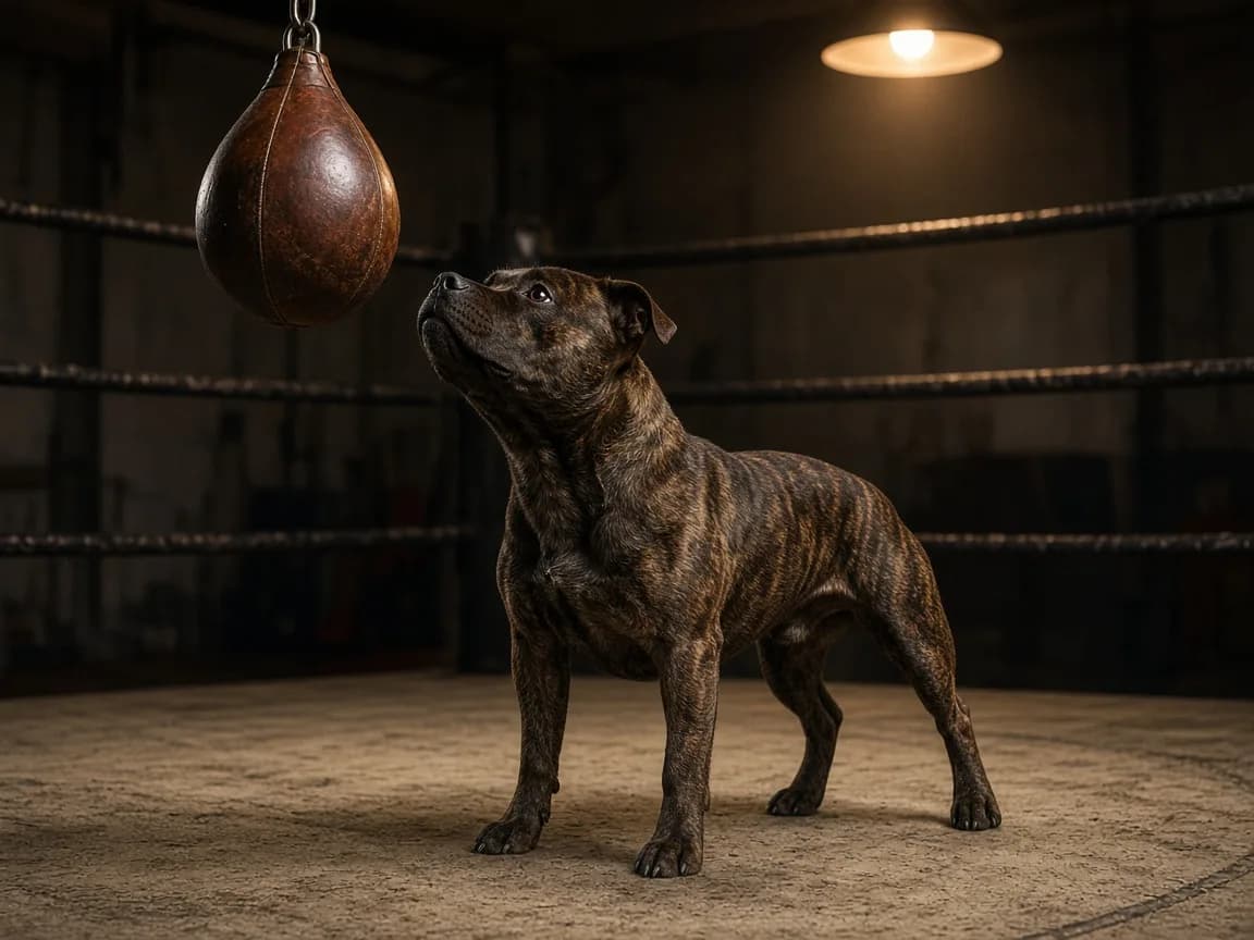 Adult brindle Staffordshire Bull Terrier standing in a boxing gym, looking up at a speed bag