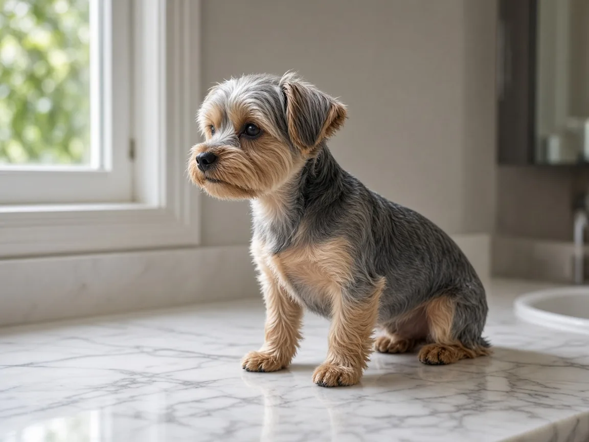 Adult Yorkshire Terrier standing on a marble bathroom vanity